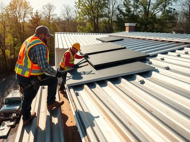 Professional roofing crew installing new metal roof on mobile home